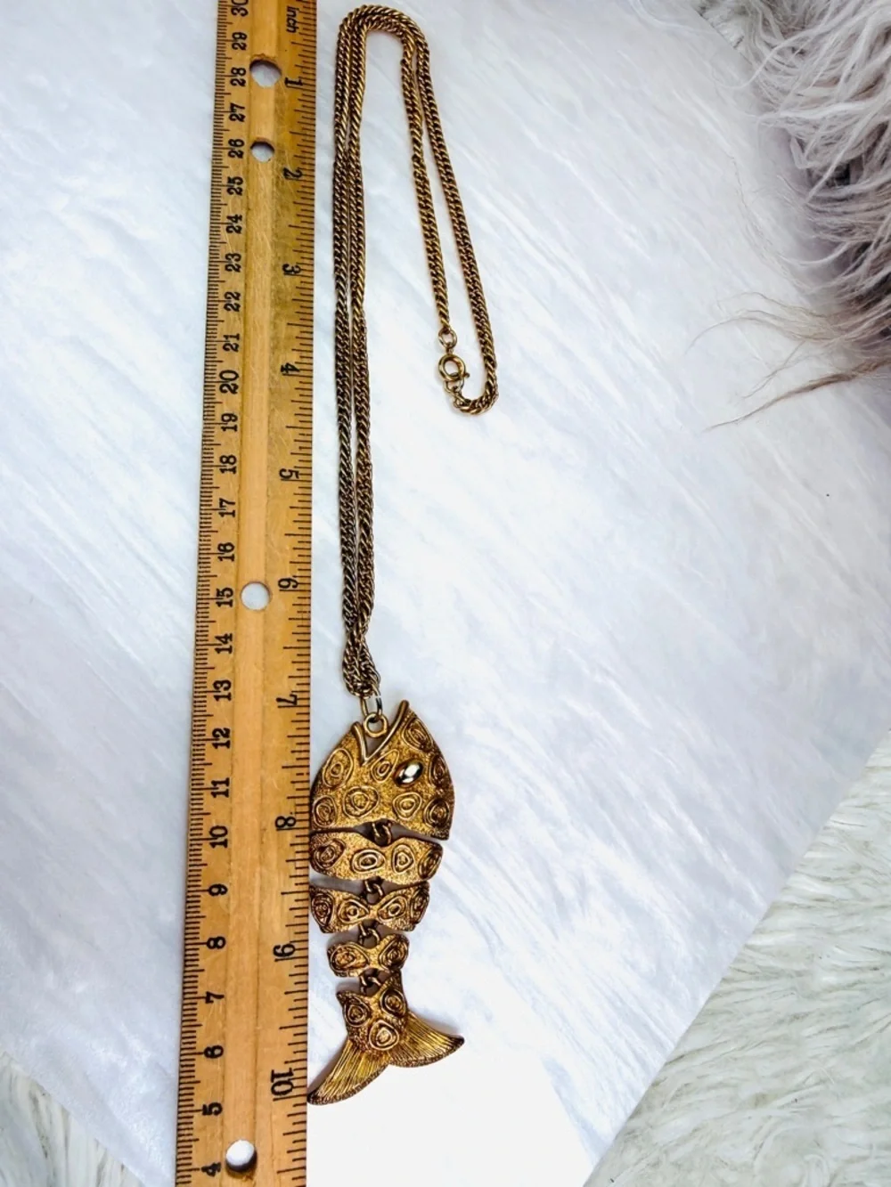 Vintage Articulated Fish Aged Goldtone Pendant Necklace • JJ Jonette Signed